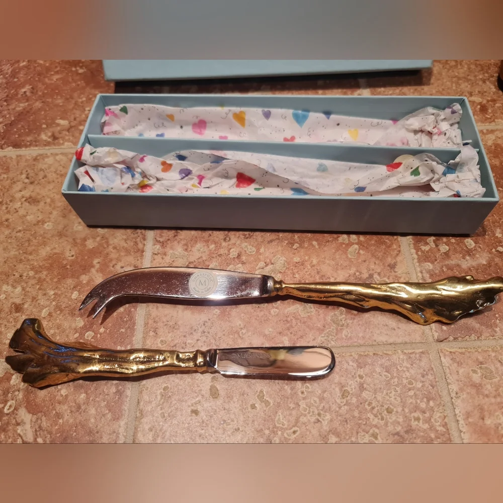 Mariposa Cheese Knife Spreader Set Botanical Gold & Stainless Vintage